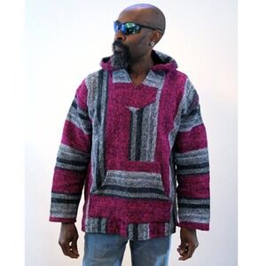 Iguana Jack Vintage Unisex Baja Woven Pullover Hoodie Pink & Gray Size S‎
